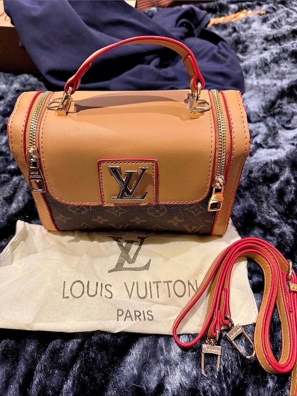 Faux Monogram Shoulder Bag in Brown & Red